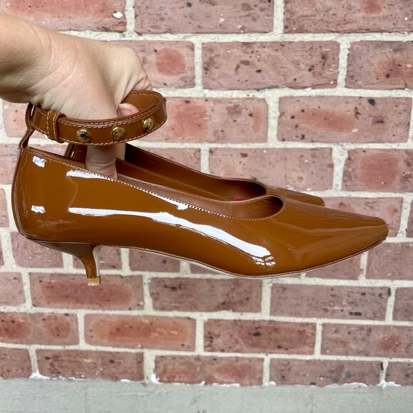 Burberry Brown Patent Leather Dill Kitten Heel Ankle Cuff Pumps Heels 38 Satin - Picture 5 of 14